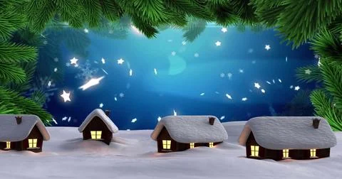 Image of snow falling over christmas winter scenery with houses and fir tree Ilustração Stock