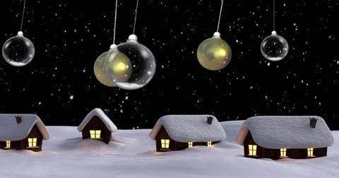 Image of snow falling over christmas baubles and winter scenery with houses Stock Illustration