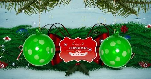 Image of snow falling over christmas greetings text and decorations Ilustração Stock