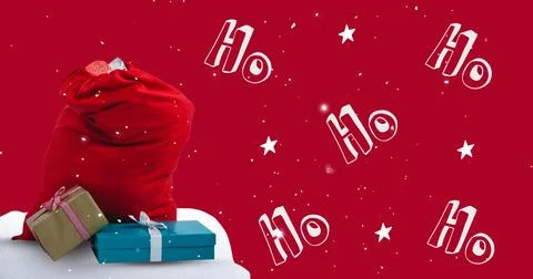 Image of snow falling over christmas presents on red background Stock Illustration