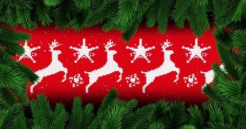 Image of snow falling over christmas pattern with fir tree branches 스톡 일러스트