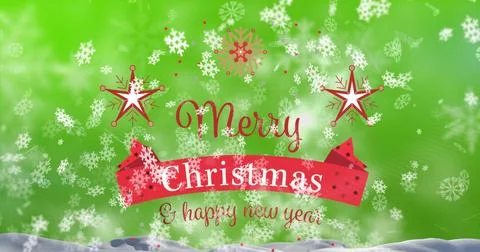 Image of snow falling over christmas greetings text with stars Ilustração Stock