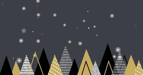 Image of snow falling over christmas trees on grey background Illustrazione stock