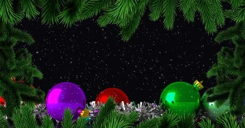 Image of snow falling over christmas tree branches and baubles with copy space Ilustração Stock