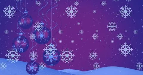 Image of snow falling over christmas baubles decoration and winter scenery Ilustração Stock