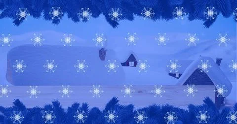 Image of snow falling over christmas winter scenery Ilustração Stock