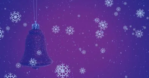 Image of snow falling over christmas bell decoration and winter scenery Stock Illustration