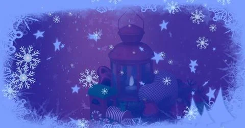 Image of snow falling over christmas lanters decoration and winter scenery Stock Illustration