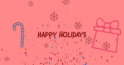 Image of snow falling over christmas greetings text and christmas decoration and Illustrazione stock