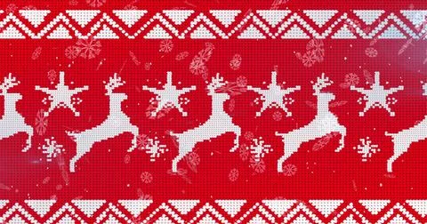 Image of snow falling over christmas pattern on red background Illustrazione stock