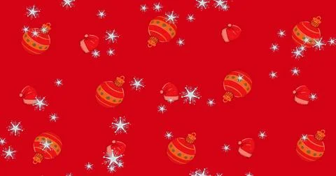 Image of snow falling over christmas baubles on red background Stock Illustration