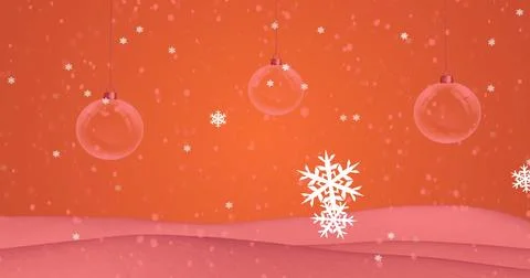 Image of snow falling over christmas baubles in winter scenery Stock Illustration