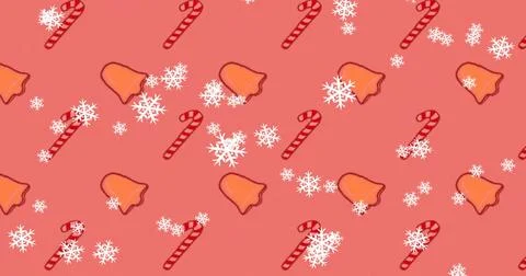 Image of snow falling over christmas bell and candy cane pattern on red Stock Illustration