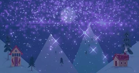 Image of snow falling over christmas trees and moon in winter scenery Ilustração Stock