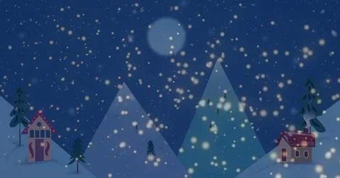 Image of snow falling over christmas trees and moon in winter scenery Ilustração Stock
