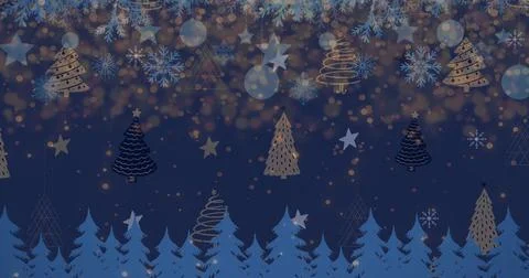 Image of snow falling over christmas trees and stars in winter scenery Illustrazione stock