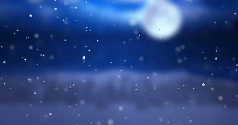Image of snow falling over christmas winter scenery with full moon background Ilustração Stock