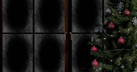 Image of snow falling over christmas tree and fairy lights flickering in winter Stock Illustration