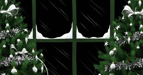 Image of snow falling over christmas trees and fairy lights flickering in winter Stock Illustration