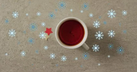 Image of snow falling over christmas cup of tea Stock Illustration