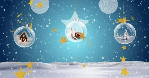 Image of snow falling over christmas baubles with presents Stock Illustration