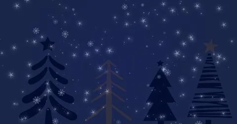 Image of snow falling over christmas trees in winter scenery Ilustração Stock
