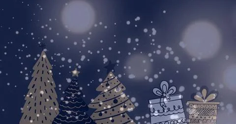 Image of snow falling over christmas trees and presents in winter scenery Stock Illustration