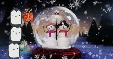 Image of snow falling over christmas tree and presents in winter scenery Stock Illustration