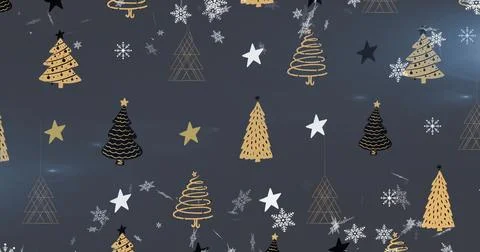 Image of snow falling over christmas tree pattern on grey background Stock Illustration
