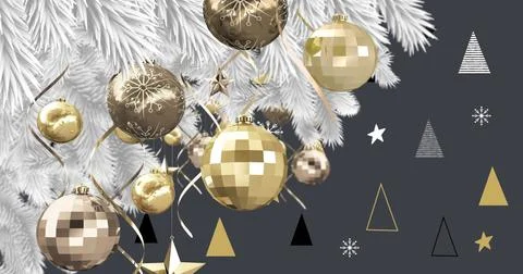 Image of snow falling over christmas decoration with baubles Ilustração Stock