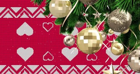 Image of snow falling over christmas baubles decoration on red background Ilustração Stock