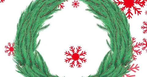 Image of snow falling over christmas wreath decoration and red snowflakes on Ilustração Stock