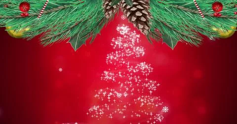 Image of snow falling over christmas tree decoration on red background Stock Illustration