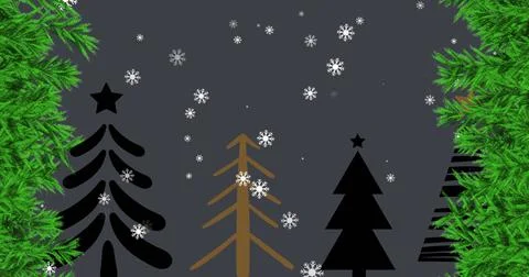 Image of snow falling over christmas trees and decorations Ilustração Stock