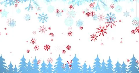 Image of snow falling over christmas trees and decorations Stock Illustration