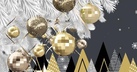Image of snow falling over christmas decoration with baubles Ilustração Stock