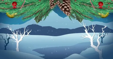 Image of snow falling over christmas decoration and with winterer view Ilustração Stock