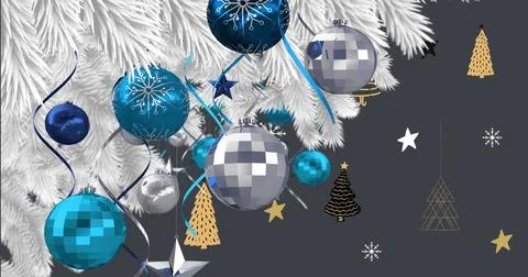 Image of snow falling over christmas baubles decoration on grey background Ilustração Stock