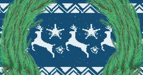 Image of snow falling over christmas wreath decoration on blue background Ilustração Stock