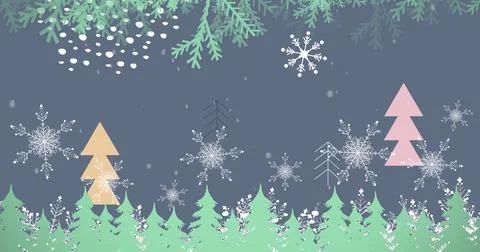 Image of snow falling over christmas trees and decorations Ilustração Stock