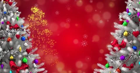Image of snow falling over christmas trees and decorations Ilustração Stock