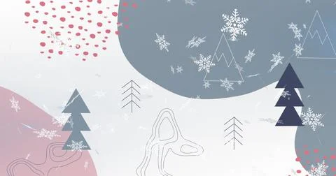 Image of snow falling over christmas trees and decorations Ilustração Stock