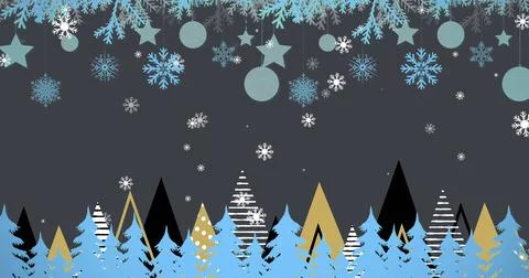 Image of snow falling over christmas trees and decorations Ilustração Stock