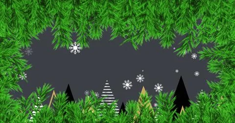 Image of snow falling over christmas trees and decorations Ilustração Stock