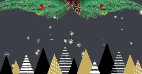 Image of snow falling over christmas trees and decorations Illustrazione stock