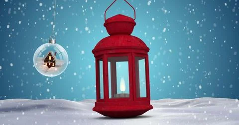 Image of snow falling over christmas decoration with lantern Ilustração Stock