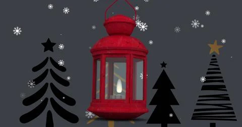 Image of snow falling over christmas decoration with lantern Ilustração Stock