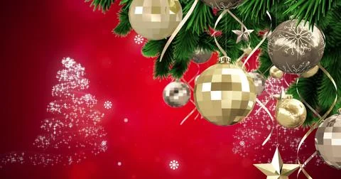 Image of snow falling over christmas decoration with baubles Ilustração Stock