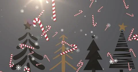 Image of snow falling over christmas decorations on grey background Ilustração Stock