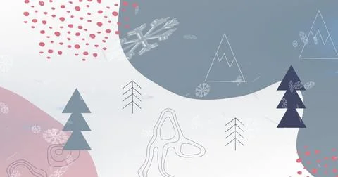 Image of snow falling over christmas trees and mountains on pastel background Stock Illustration